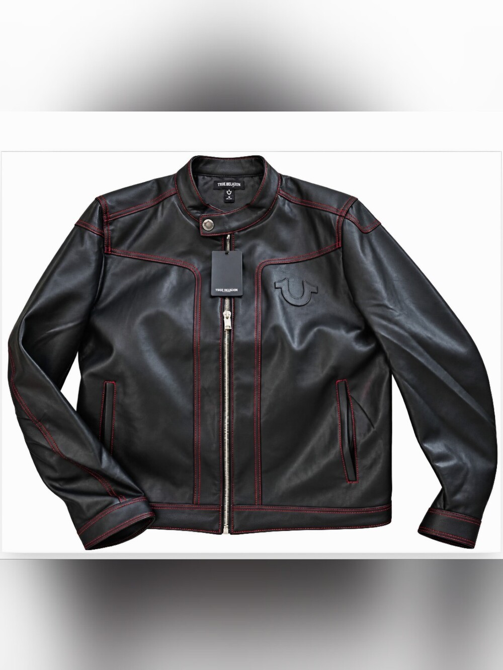 True Religion Jet Black PU Moto Jacket Mens Size L Style 700586 NEW